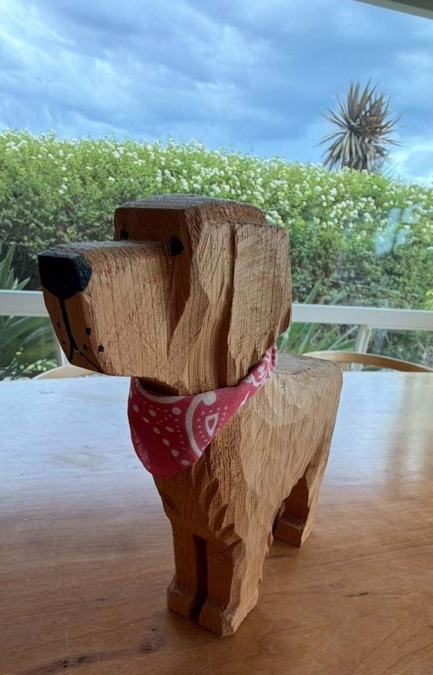 Vintage Hand Carved Wooden Dog with Red Bandana